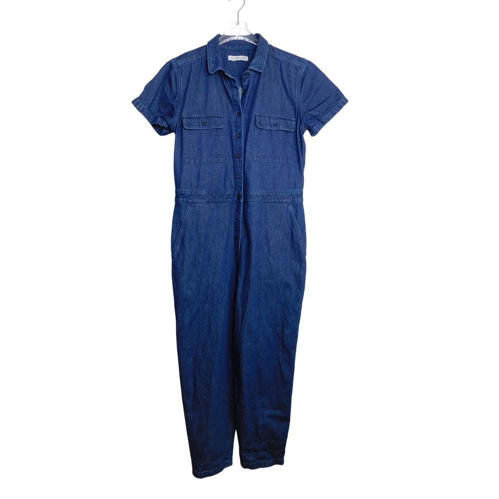 Outerknown S.E.A. Jumpsuit Women Size L Dark Indigo Denim Short Sleeve Utility